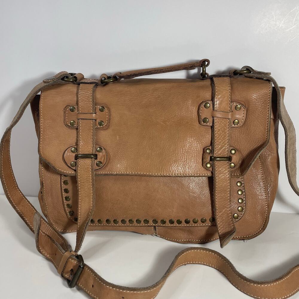 Patricia Nash Camel Brown Leather Studded Satchel Messenger Bag